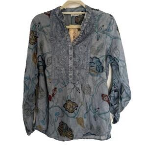 Vintage Goa Blue Floral Embroidered Roll Tab Sleeve Boho Size XL NWT